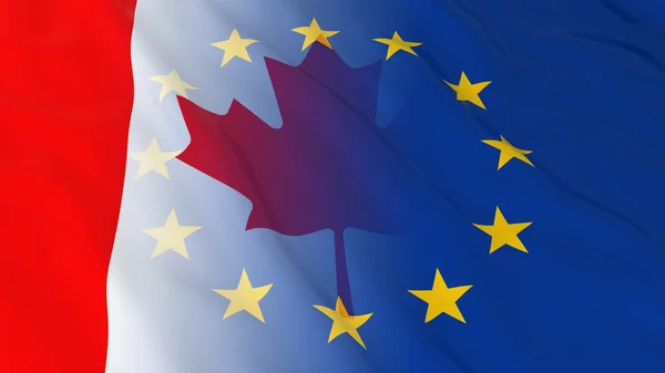 Conceito de relações entre o Canadá e a União Europeia - Bandeiras fundidas do Canadá e ilustração 3D da UE — Fotografia de Stock