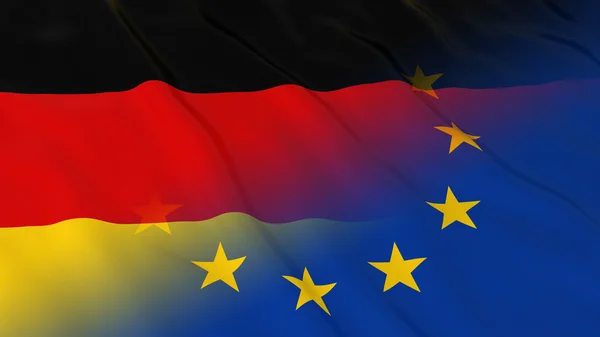 Conceito de relações entre a Alemanha e a União Europeia - Bandeiras fundidas da Alemanha e ilustração 3D da UE — Fotografia de Stock