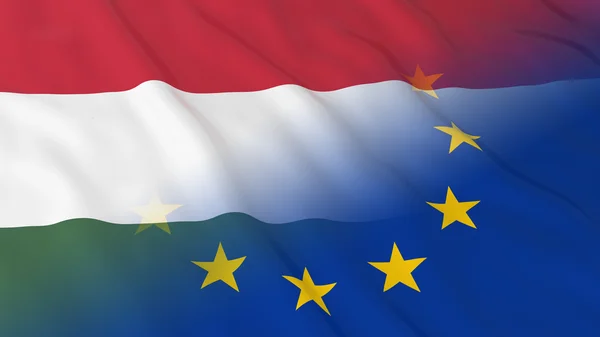 Hongaarse en Europese Unie betrekkingen Concept - samengevoegde lijst van vlaggen van Hongarije en de Eu 3d illustratie — Stockfoto