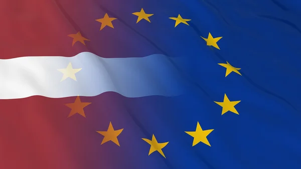 Concepto de relaciones entre Letonia y la Unión Europea - Banderas combinadas de Letonia y la UE Ilustración 3D —  Fotos de Stock