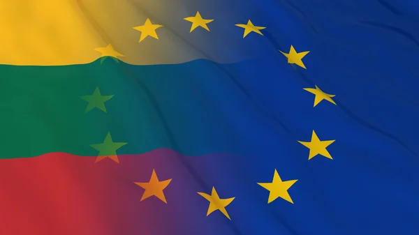 Concept de relations entre la Lituanie et l'Union européenne - Drapeaux fusionnés de la Lituanie et de l'UE Illustration 3D — Photo