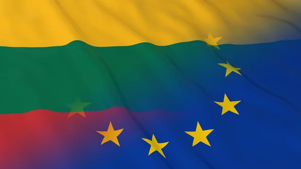 Concept de relations entre la Lituanie et l'Union européenne - Drapeaux fusionnés de la Lituanie et de l'UE Illustration 3D — Photo