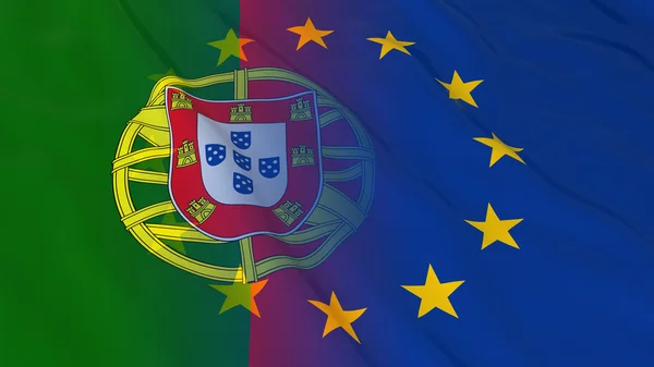 Концепция отношений между Португалией и Европейским Союзом - Объединение флагов Португалии и 3D иллюстрации ЕС — стоковое фото