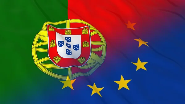 포르투갈어와 유럽 연합 관계 개념-포르투갈, Eu의 병합된 플래그 3d 그림 — 스톡 사진