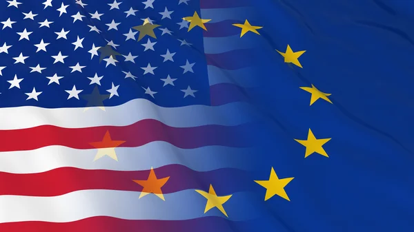 Έννοια των σχέσεων Αμερικής και Ευρωπαϊκής Ένωσης-συγχωνευμένες σημαίες των ΗΠΑ και της εικόνας 3D της ΕΕ — Φωτογραφία Αρχείου