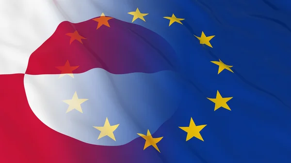 Concepto de relaciones entre Groenlandia y la Unión Europea - Banderas combinadas de Groenlandia y la UE Ilustración 3D —  Fotos de Stock