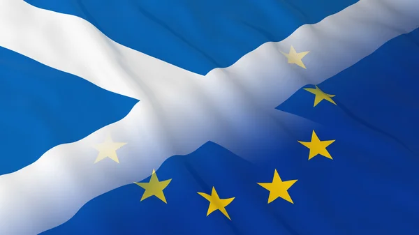 Concepto escocés y de relaciones con la Unión Europea - Banderas combinadas de Escocia y la UE Ilustración 3D — Foto de Stock