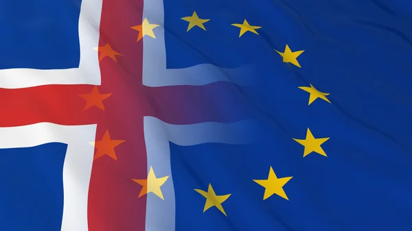 Concepto de relaciones entre Islandia y la Unión Europea - Banderas combinadas de Islandia y la UE Ilustración 3D — Foto de Stock