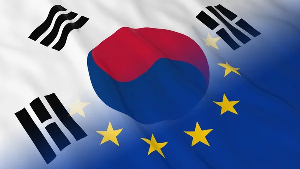 한국 및 유럽 연합 관계 개념-한국과 Eu의 병합된 플래그 3d 그림 — 스톡 사진