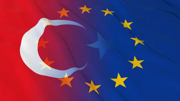 Έννοια των σχέσεων Τουρκίας και Ευρωπαϊκής Ένωσης-συγχωνευμένες σημαίες της Τουρκίας και η εικόνα 3D της ΕΕ — Φωτογραφία Αρχείου