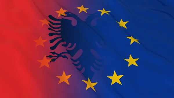 Conceito de relações entre a Albânia e a União Europeia - Bandeiras fundidas da Albânia e ilustração 3D da UE — Fotografia de Stock