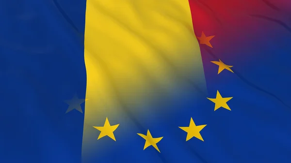 Concepto de relaciones entre Rumania y la Unión Europea - Banderas combinadas de Rumanía y la UE Ilustración 3D —  Fotos de Stock