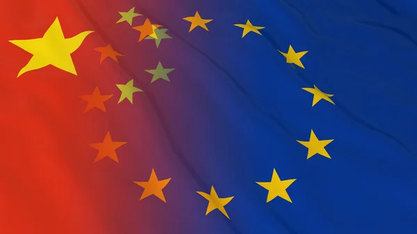 Conceptul relațiilor dintre China și Uniunea Europeană Steaguri fuzionate ale Chinei și Ilustrația 3D a UE — Fotografie, imagine de stoc