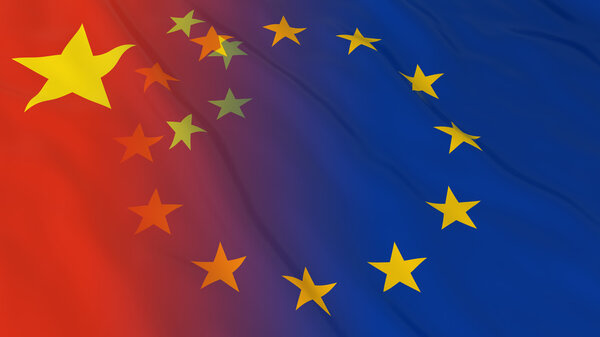 Chinese and European Union Relations Concept - Merged Flags of China and the EU 3D Illustration