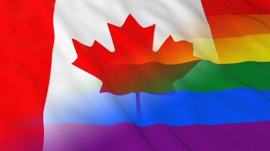 Kanada kavramı - gay gurur birleştirilmiş Gökkuşağı bayrağı ve Kanada bayrağı 3d çizim