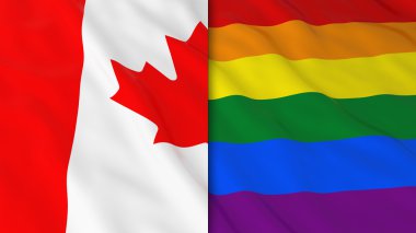 Gay gurur Kanada kavramı - Split Gökkuşağı bayrağı ve Kanada bayrağı 3d çizim