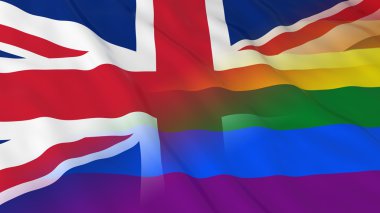 Gay Pride İngiltere'de kavram - birleştirilmiş Gökkuşağı bayrağı ve İngiltere bayrak 3d çizim