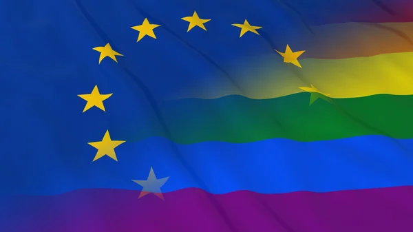 Gay Pride in Europe Concept - Drapeau arc-en-ciel fusionné et drapeau de l'Union européenne Illustration 3D — Photo