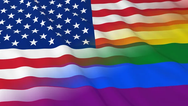 Gay Pride i Usa Concept - samman regnbågsflaggan och amerikanska flaggan 3d Illustration — Stockfoto