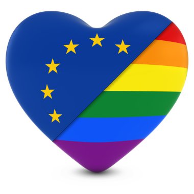 Avrupa Birliği bayrağı kalp - 3d çizim Gay Pride Gökkuşağı bayrağı kalp ile karışık