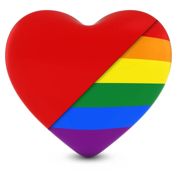 Corazón rojo mezclado con el corazón de la bandera del arco iris del Orgullo Gay - Ilustración 3D —  Fotos de Stock
