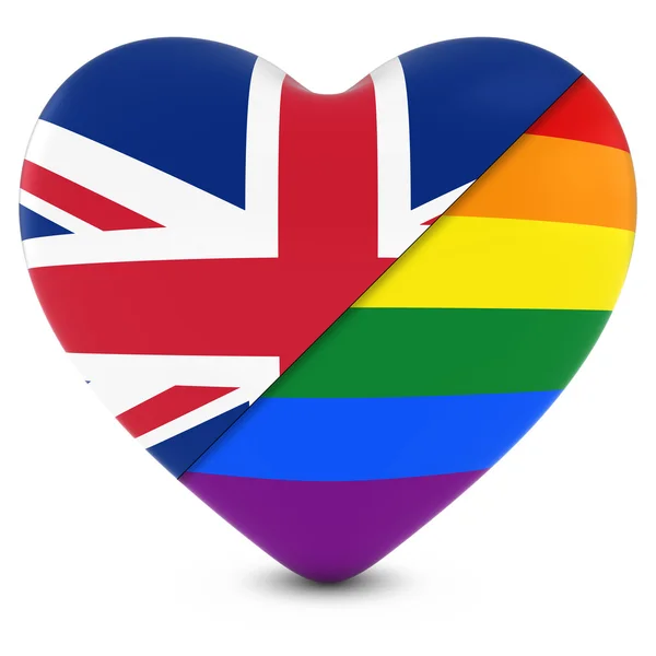 Corazón de Bandera del Reino Unido Mezclado con Corazón de Bandera de Arco Iris Orgullo Gay - Ilustración 3D —  Fotos de Stock