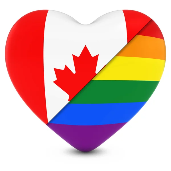 Corazón de Bandera Canadiense Mezclado con Orgullo Gay Corazón de Bandera Arcoiris - Ilustración 3D —  Fotos de Stock