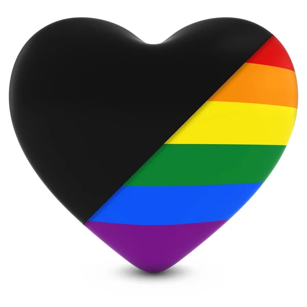 Corazón de luto negro mezclado con el corazón de la bandera del arco iris del orgullo gay - Ilustración 3D —  Fotos de Stock