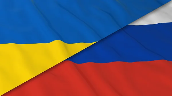 Flags of Ukraine and Russia - Split Ukrainian Flag and Russian Flag 3D Illustration — Stock Photo, Image