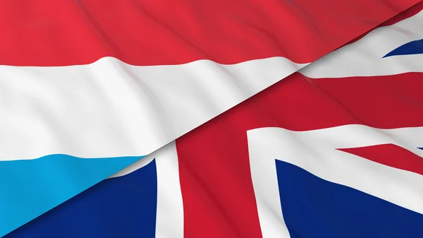 Bandiere del Lussemburgo e del Regno Unito - Split Bandiera lussemburghese e bandiera britannica 3D Illustrazione — Foto Stock