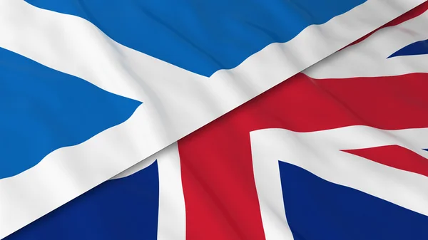 Lijst van vlaggen van Schotland en het Verenigd Koninkrijk - Split Schotse vlag en Britse vlag 3d illustratie — Stockfoto