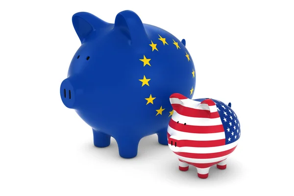 Bandiera UE e bandiera USA Piggybanks Concetto di tasso di cambio Illustrazione 3D — Foto Stock