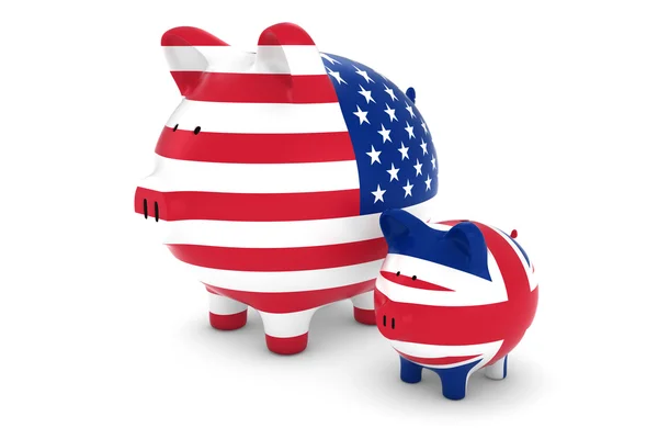 Ons vlag en Britse vlag Piggybanks wisselkoers Concept 3d illustratie — Stockfoto