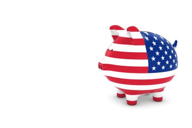 Bize beyaz kopya ile Piggy banka bayrak alan 3d çizim