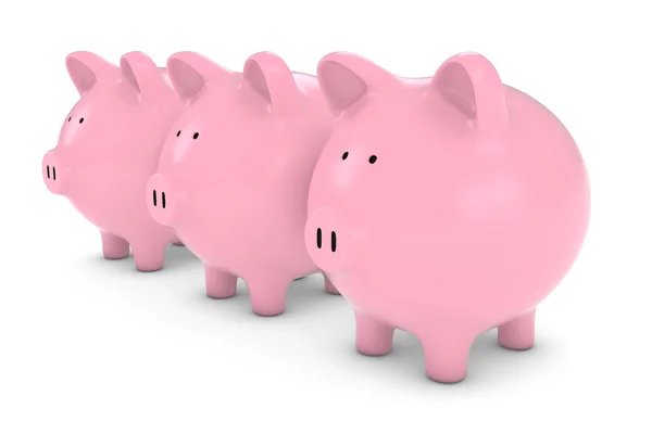 Três bancos Piggy cor-de-rosa em uma ilustração 3D linha — Fotografia de Stock