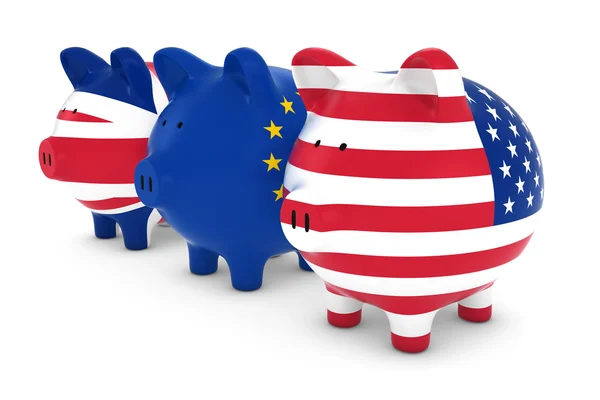 Reino Unido Bandera de la UE y EE.UU. Piggy Banks Ilustración 3D —  Fotos de Stock