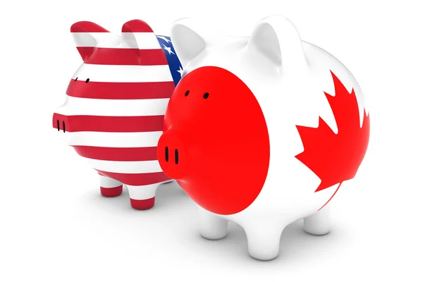 Amerikaanse en Canadese vlag Piggy Banks 3d illustratie — Stockfoto