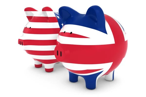 İngiliz ve Amerikan bayrağı domuzcuk bankalar 3d çizim — Stok fotoğraf