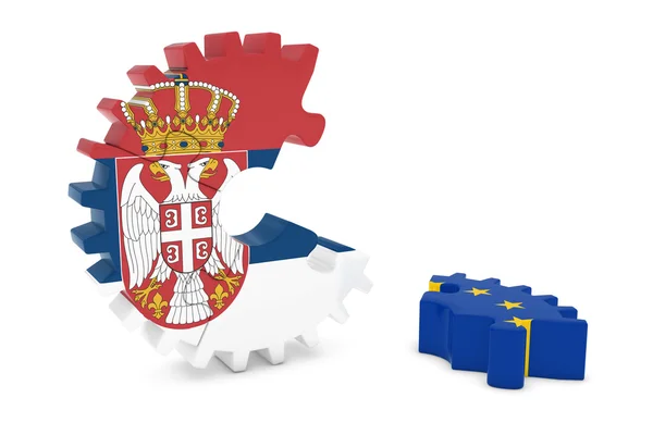 Srbsko a Evropa vztahy koncepce obrázek Puzzle 3d vlajky Cog — Stock fotografie