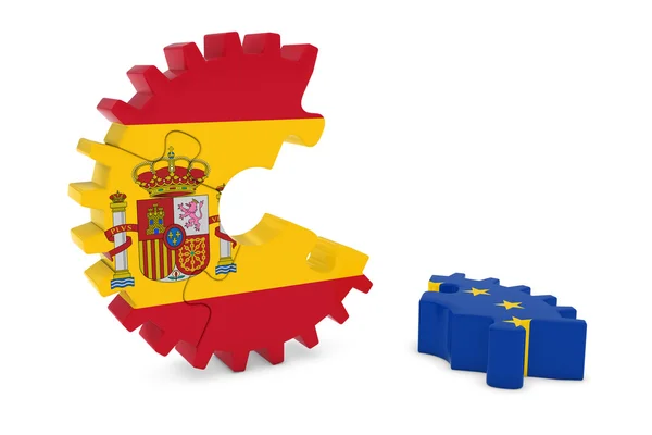 Spain and Europe Relations Concept 3D Cog Flag Puzzle Illustration — Stock Photo, Image