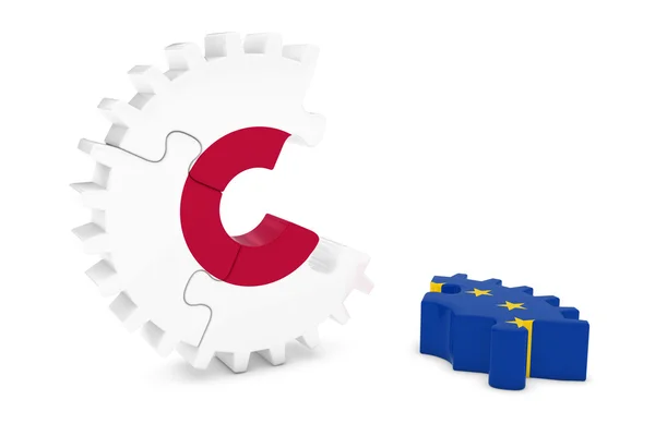 Japan and Europe Relations Concept 3D Cog Flag Puzzle Illustration — Stock Photo, Image