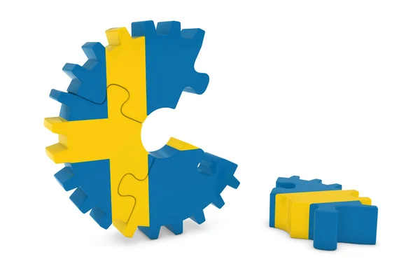 Puzzle à engrenages de drapeau suédois avec pièce sur le plancher Illustration 3D — Photo
