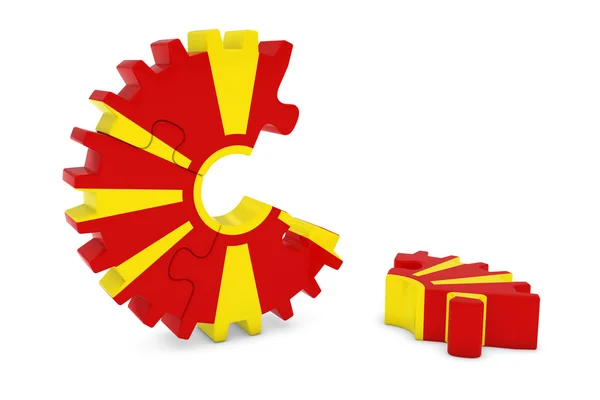 Macedonian Flag Gear Puzzle com Peça no Piso Ilustração 3D — Fotografia de Stock