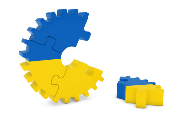 Ukrainian Flag Gear Puzzle with Piece on Floor 3D Illustration