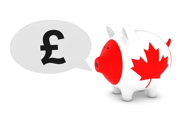 British Investment concept-Canadese vlag Piggy Bank met pond symbool toespraak bubble 3D illustratie — Stockfoto