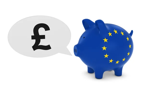 Concepto de Inversión Británica - Bandera de la UE Piggy Bank con Libra Símbolo Discurso Burbuja Ilustración 3D —  Fotos de Stock