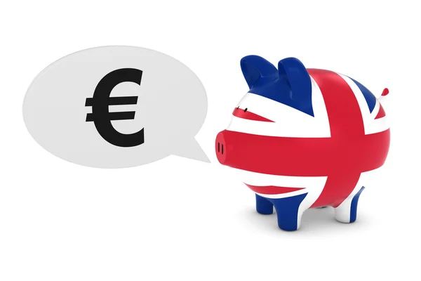 Concepto de inversión de la UE - Bandera del Reino Unido Piggy Bank con Euro Symbol Discurso Burbuja Ilustración 3D —  Fotos de Stock