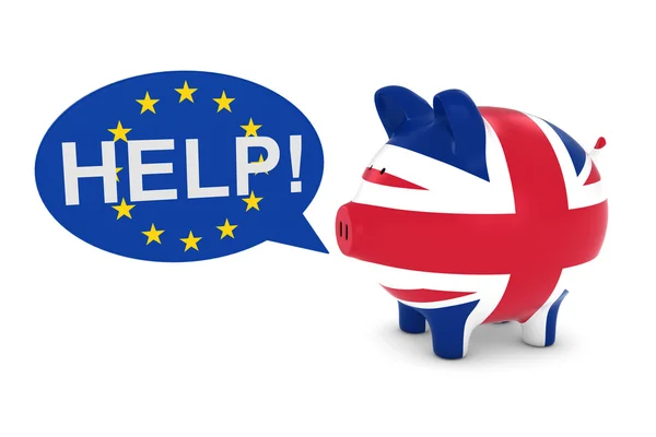 Bandera del Reino Unido Piggy Bank con ayuda de la UE Discurso Burbuja Ilustración 3D —  Fotos de Stock