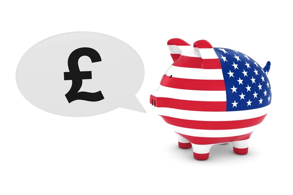 Brytyjska koncepcja inwestycyjna-flaga USA Piggy Bank z Funt znak mowy Bubble 3D ilustracja — Zdjęcie stockowe