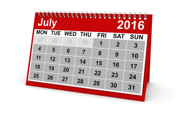 Luglio 2016 Scrivania Calendario 3D Illustrazione isolato su bianco — Foto Stock